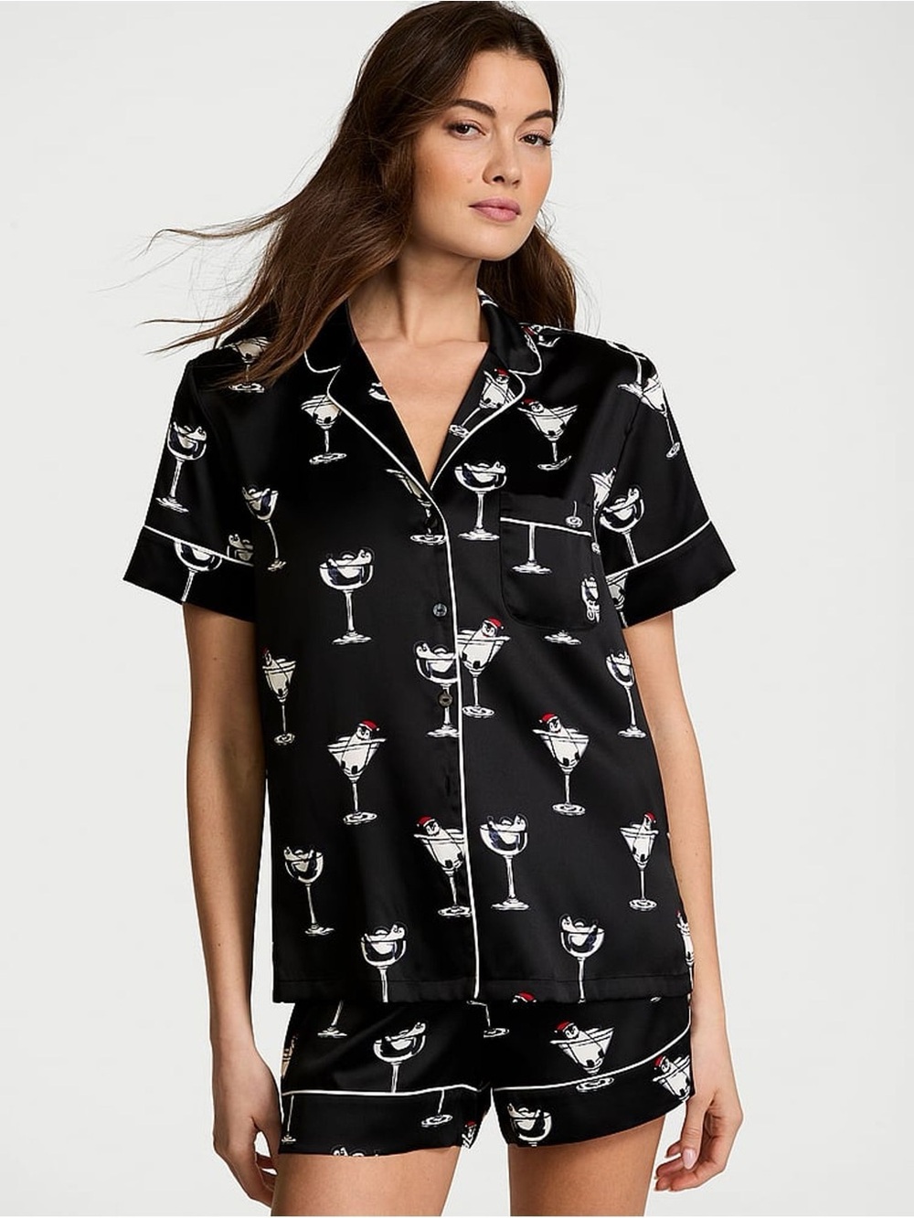 Victoria's Secret Black Cocktail Penguins Satin Pajama Set
